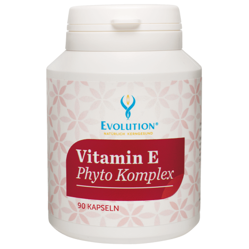 Abbildung des Produkts "Vitamin E Phyto Komplex" von EVOLUTION International, das in der weißen Ökodose und mit rotem Etikett mit 90 Kapseln abgefüllt wird.